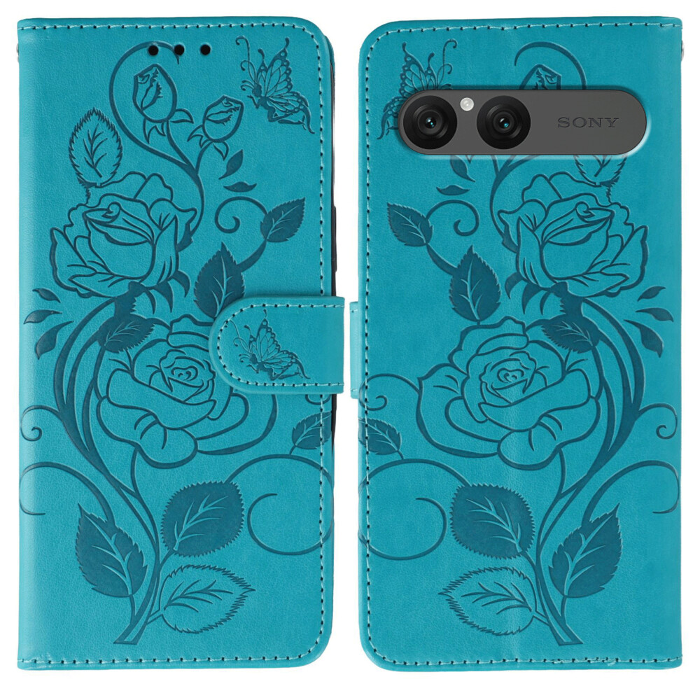(Blue) For Sony Xperia 10 Vii Case Wallet Stand Imprinted Rose Butterfly Pu Leather Phone Cover Blue 6914290807079