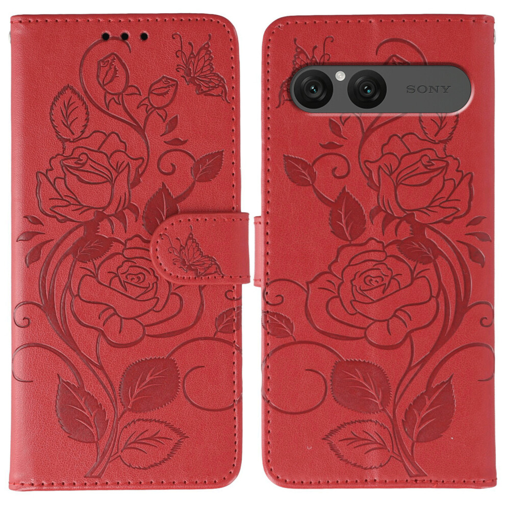 (Red) For Sony Xperia 10 Vii Case Wallet Stand Imprinted Rose Butterfly Pu Leather Phone Cover Red 6914295519137