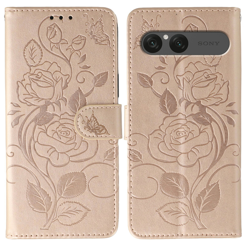 (Rose ) For Sony Xperia 10 Vii Case Wallet Stand Imprinted Rose Butterfly Pu Leather Phone Cover Gold 6914293860095