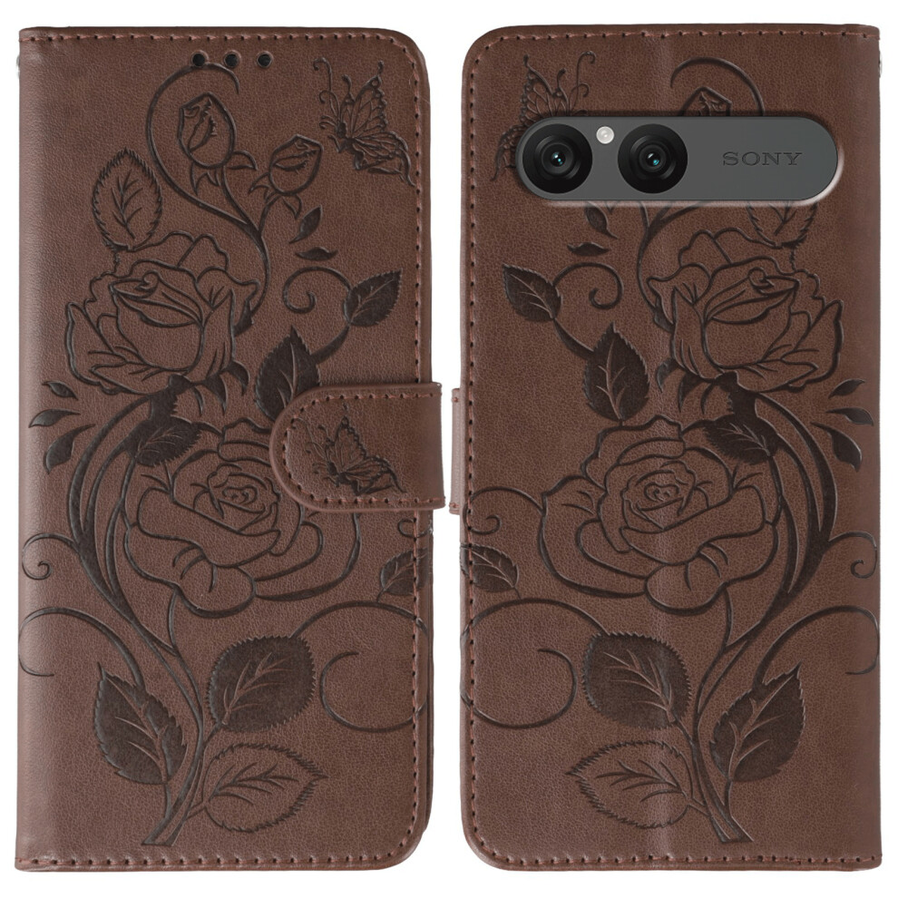 (Brown) For Sony Xperia 10 Vii Case Wallet Stand Imprinted Rose Butterfly Pu Leather Phone Cover Brown 6914292846090