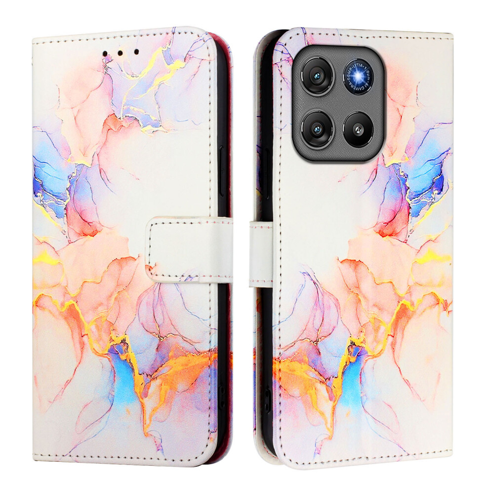 (Milky Way Marble Ls004) For Motorola Moto G67 Power 5G Case With Strap Marble Pattern Leather Phone Cover Card Holder White 6914299702177