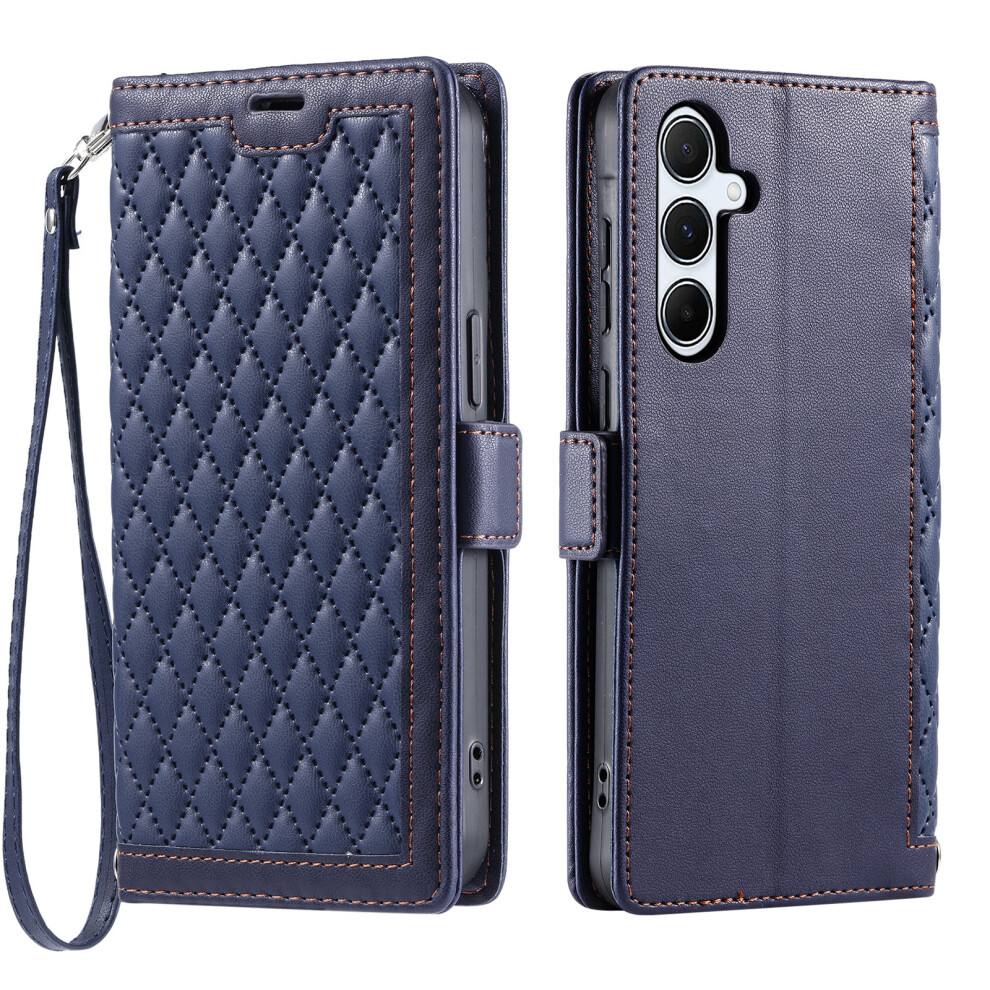 (Blue) For Samsung Galaxy A57 5G Leather Case Rhombus Texture Wallet Stand Phone Cover With Wrist Strap Blue 6914290938568