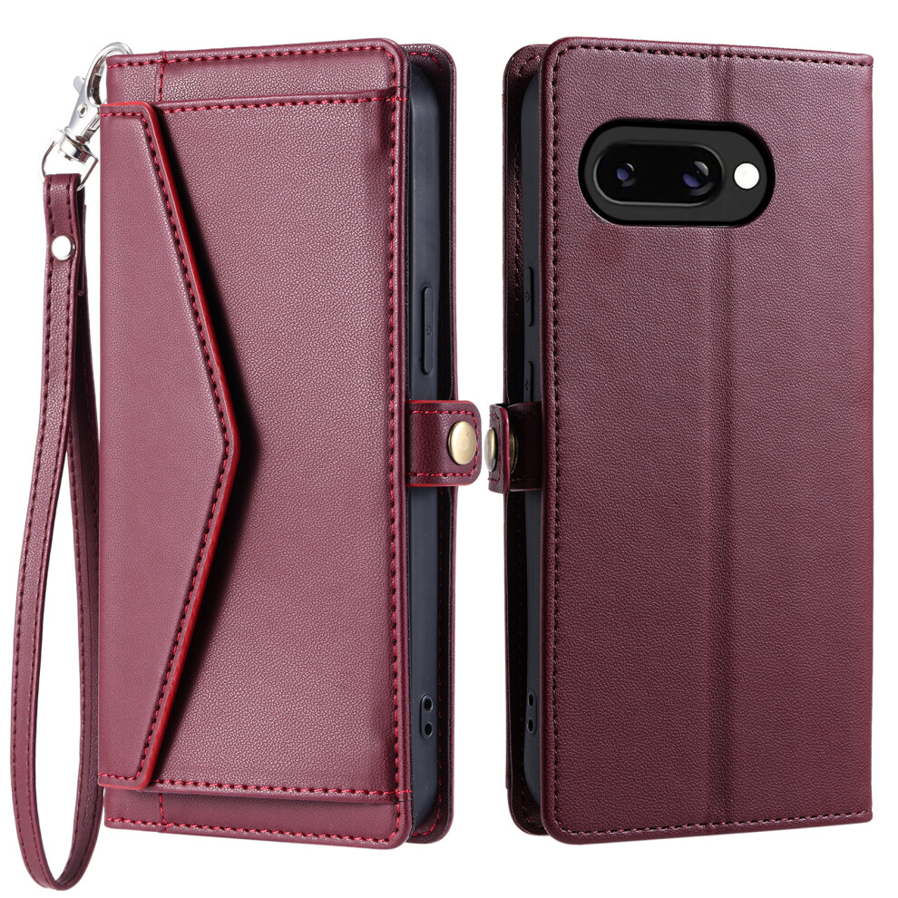 (Wine ) For Google Pixel 10A Leather Case With Wrist Strap Wallet Stand Phone Cover Red 6914290541454