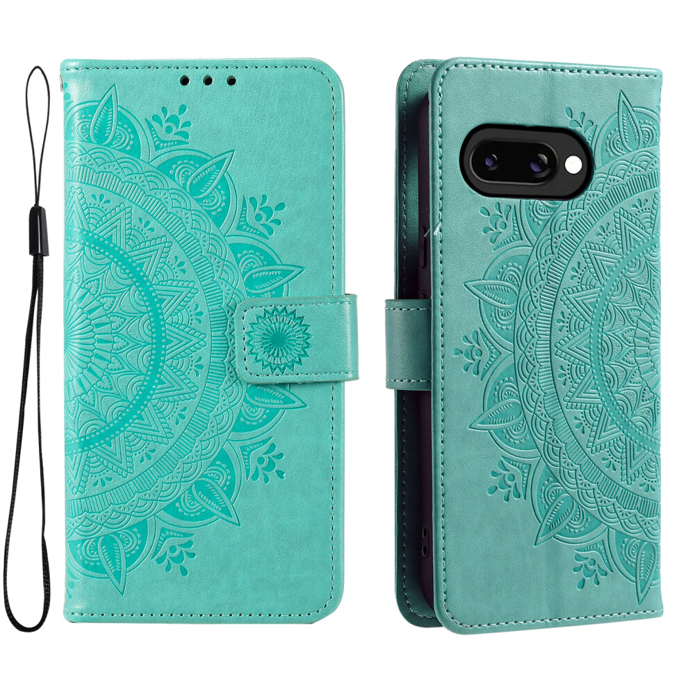 (Mint ) For Google Pixel 10A Stand Case Imprinted Totem Pu Leather Wallet Phone Cover With Wrist Strap Green 6914296325058