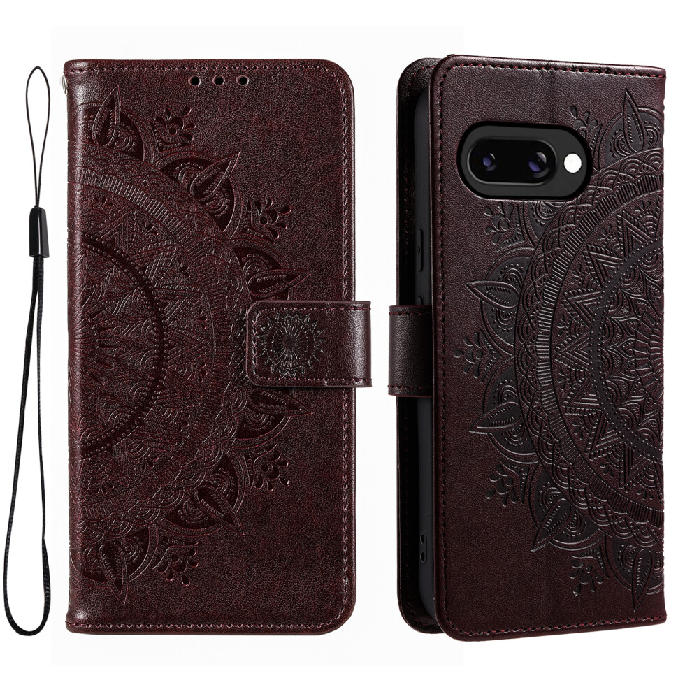 (Brown) For Google Pixel 10A Stand Case Imprinted Totem Pu Leather Wallet Phone Cover With Wrist Strap Brown 6914298914458