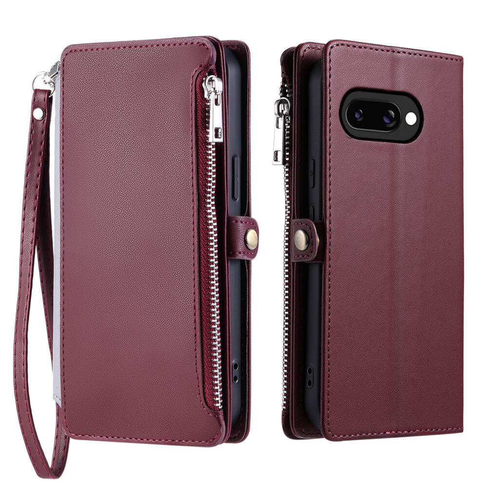 (Wine ) For Google Pixel 10A Case Tpu + Pu Leather Wallet Phone Cover With Wrist Strap Red 6914297788999