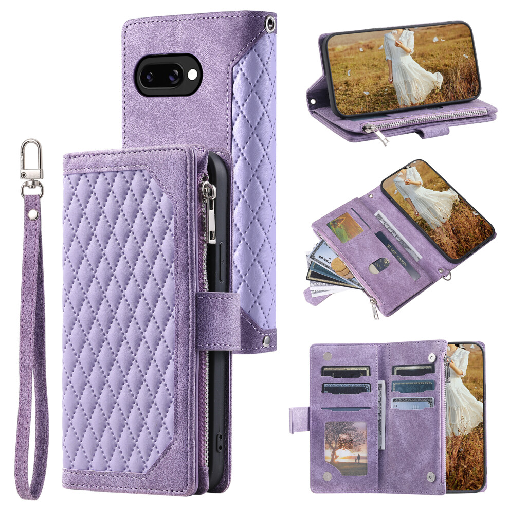 (Purple) For Google Pixel 10A Wallet Case Rhombus Stitching Line Pu Leather Phone Cover With Wrist Strap Purple 6914292141188
