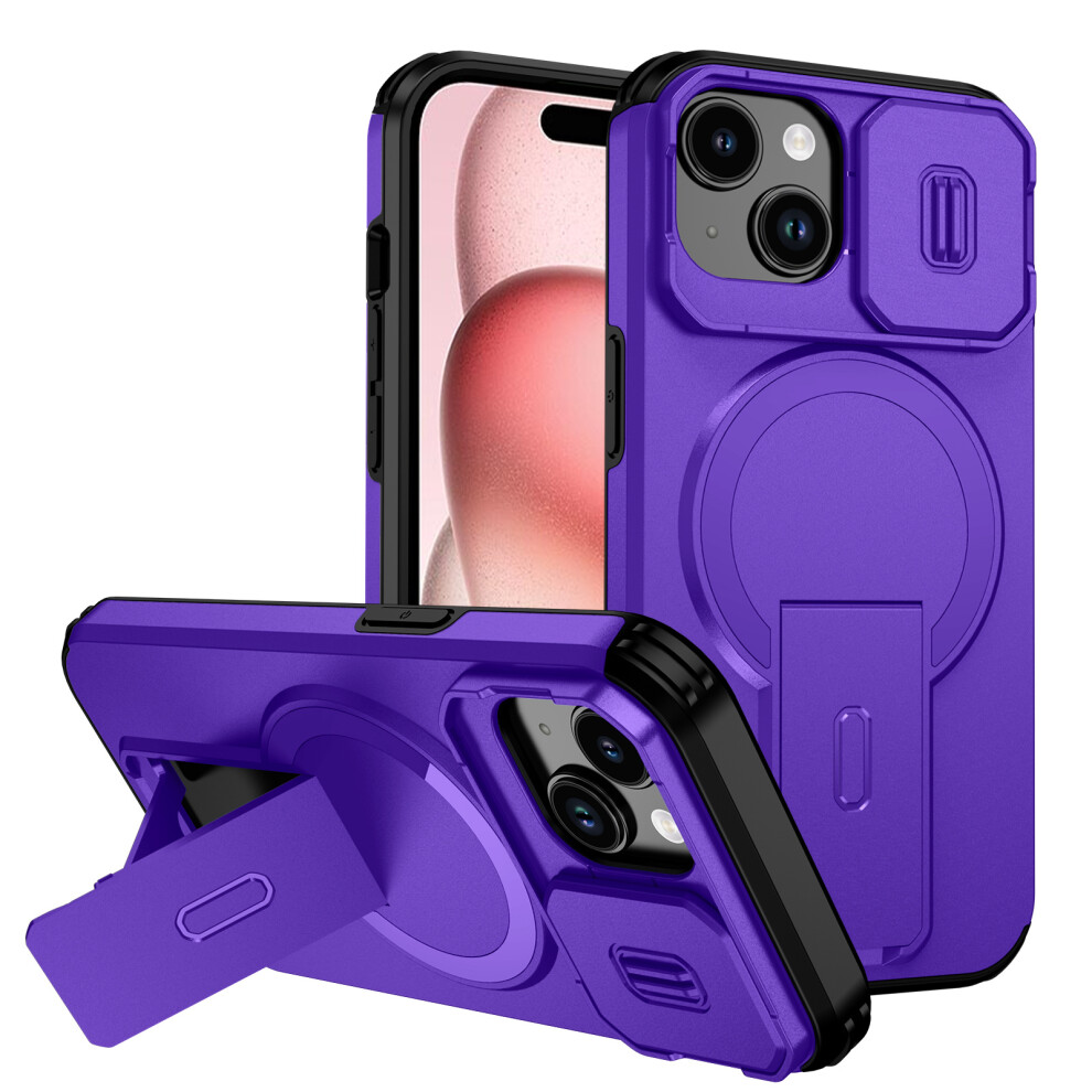 (Purple) For Iphone 15 Case Pc + Tpu Kickstand Camera Slider Phone Cover Compatible With Magsafe Purple 6914294666740