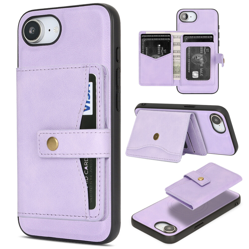 (Purple) For Iphone 17E / 16E Kickstand Case Detachable Card Bag Compatible With Magsafe Pu Leather Coated Tpu Phone Cover Purple 6914290245949