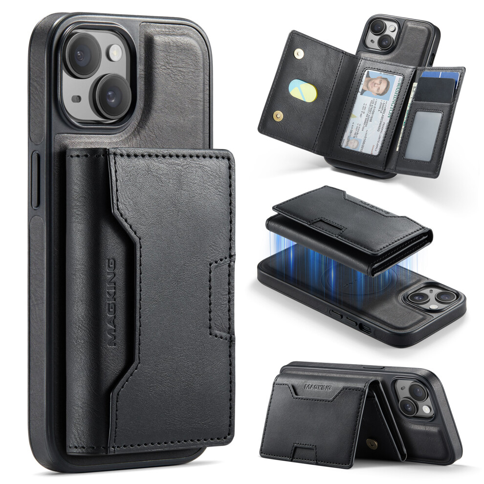 (Black) Magking K4 Series For Iphone 15 Case Compatible With Magsafe Detachable Wallet Pu Tpu Pc Phone Cover Black 6914298236284