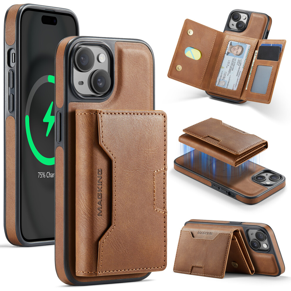 (Brown) Magking K4 Series For Iphone 15 Case Compatible With Magsafe Detachable Wallet Pu Tpu Pc Phone Cover Brown 6914291949174