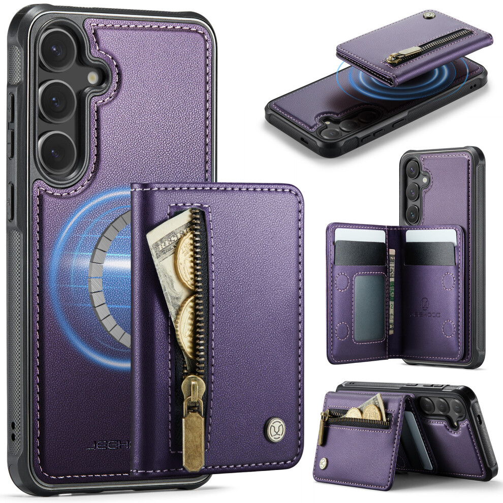(Purple) Jeehood For Samsung Galaxy S24 Fe Case J12 Magnetic Detachable Zipper Wallet Kickstand Leather Back Cover Magnetic Case Purple 6914291569808