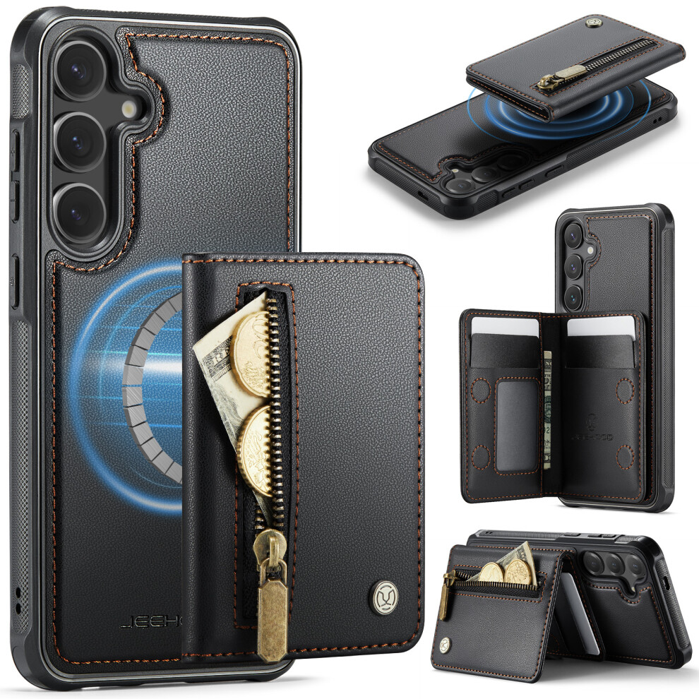 (Black) Jeehood For Samsung Galaxy S25 Case J12 Magnetic Detachable Zipper Wallet Kickstand Leather Back Cover Magnetic Case Black 6914292493416