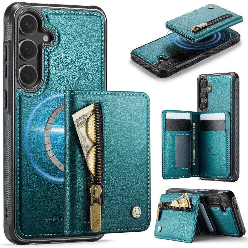 (Blue) Jeehood For Samsung Galaxy S25 Case J12 Magnetic Detachable Zipper Wallet Kickstand Leather Back Cover Magnetic Case Blue 6914291121334