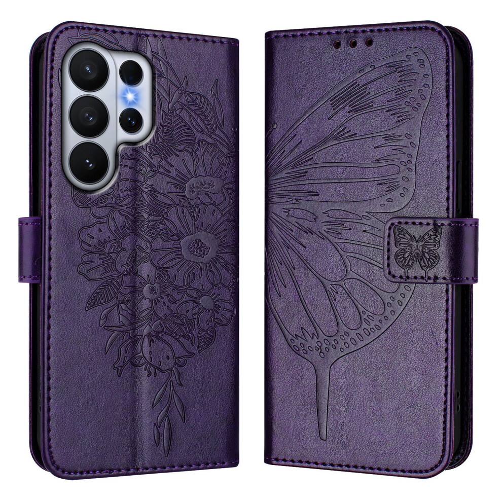 (Dark ) For Samsung Galaxy S26 Ultra Wallet Case With Wrist Strap Butterfly Imprint Leather Phone Cover Purple 6914294231818