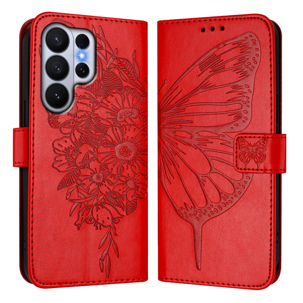 (Red) For Samsung Galaxy S26 Ultra Wallet Case With Wrist Strap Butterfly Imprint Leather Phone Cover Red 6914295335904