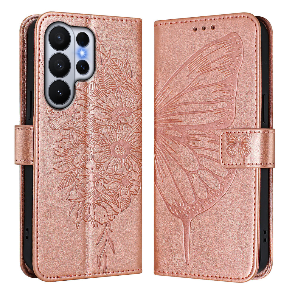 (Rose ) For Samsung Galaxy S26 Ultra Wallet Case With Wrist Strap Butterfly Imprint Leather Phone Cover Gold 6914290956081