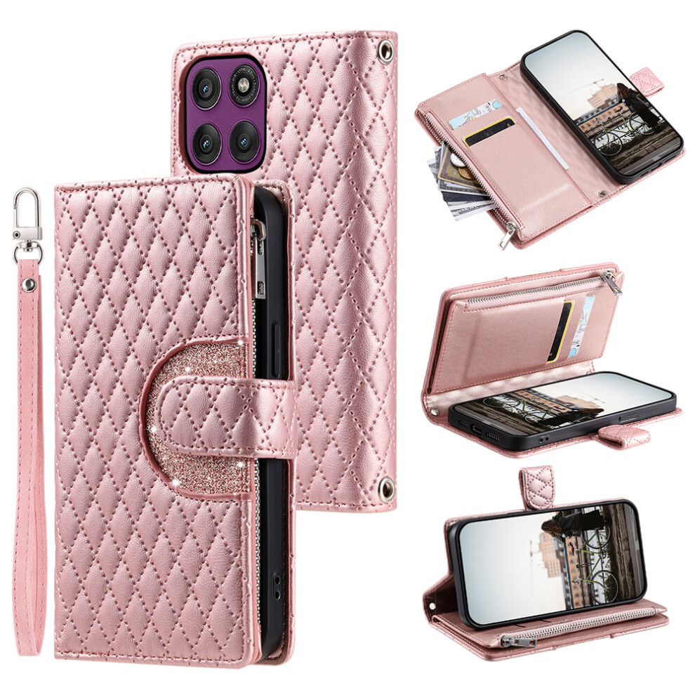(Rose ) For Motorola Moto G86 Power 5G Case Zipper Pocket Glitter Leather Phone Cover With Wrist Strap Gold 6914292318771