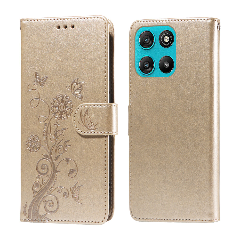 (Golden) For Motorola Moto G57 Power 5G / Motorola Moto G57 5G / Motorola Moto G67 Power 5G Leather Case Butterfly Floral Imprint Golden 6914299504719