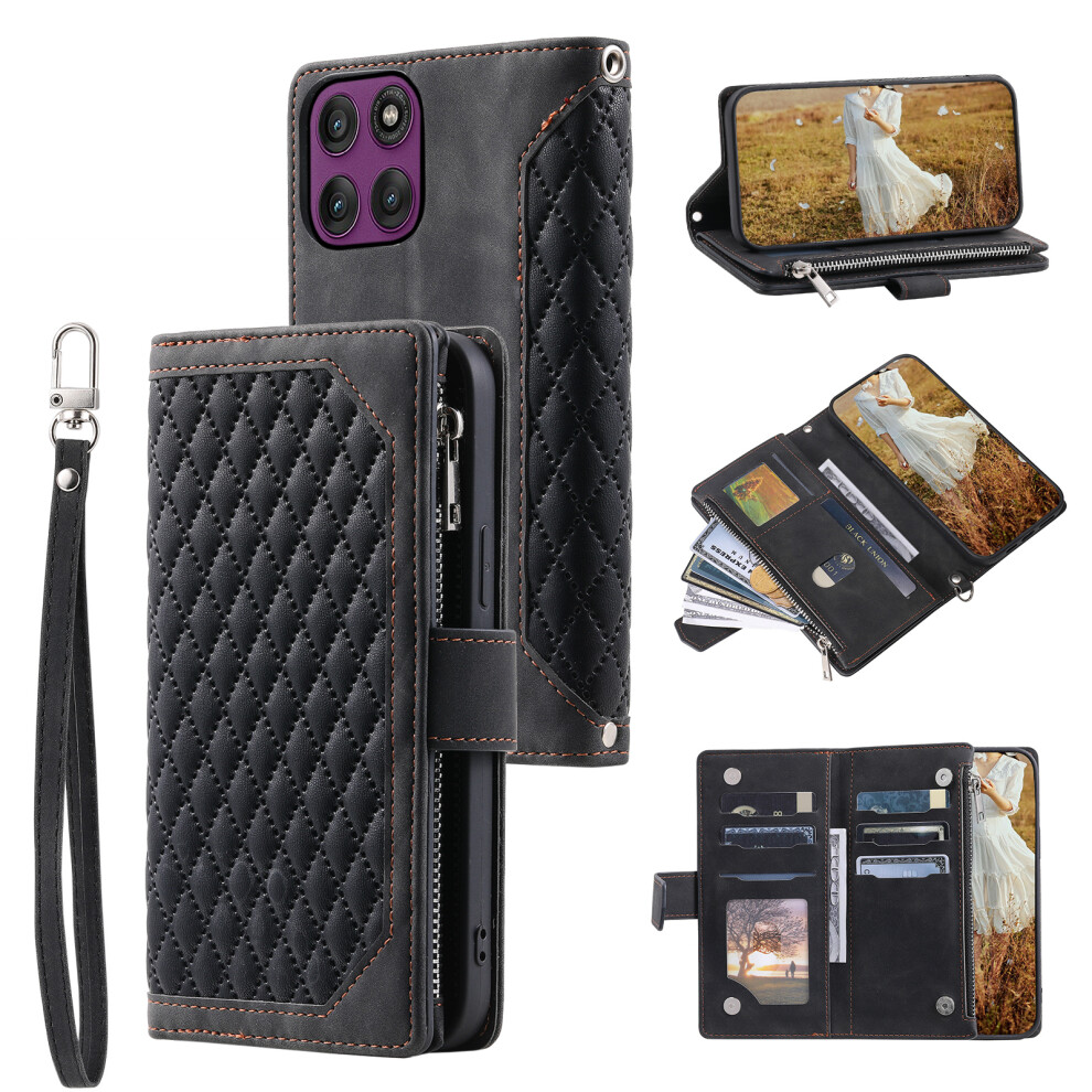 (Black) For Motorola Moto G67 Power 5G / G37 Power 5G Wallet Case Rhombus Stitching Line Pu Leather Phone Cover With Wrist Strap Black 6914290093045