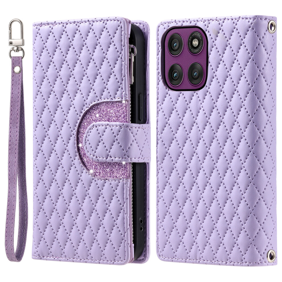 (Purple) For Motorola Moto G67 Power 5G / G37 Power 5G Case Zipper Pocket Glitter Leather Phone Cover With Wrist Strap Purple 6914292038563