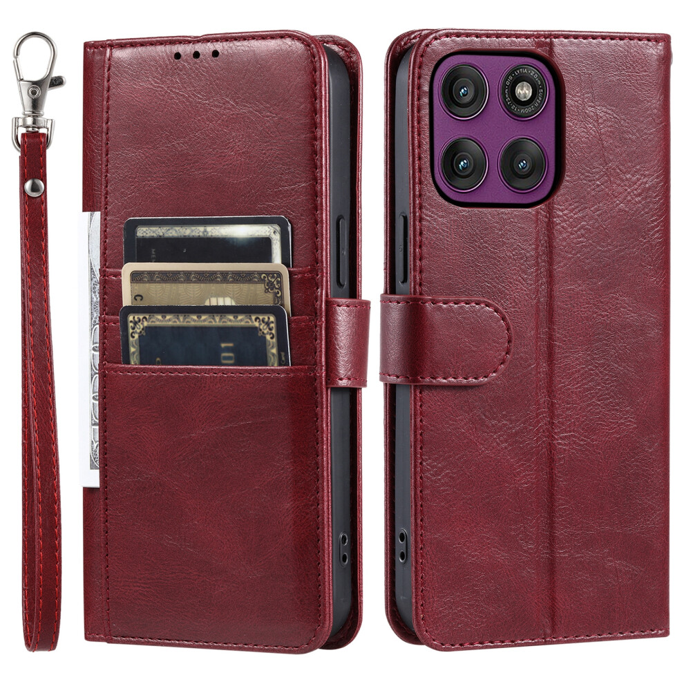 (Wine ) For Motorola Moto G67 Power 5G / G37 Power 5G Case 6 Card Slots Pu Leather Anti-Fall Phone Cover With Wrist Strap Red 6914297923758