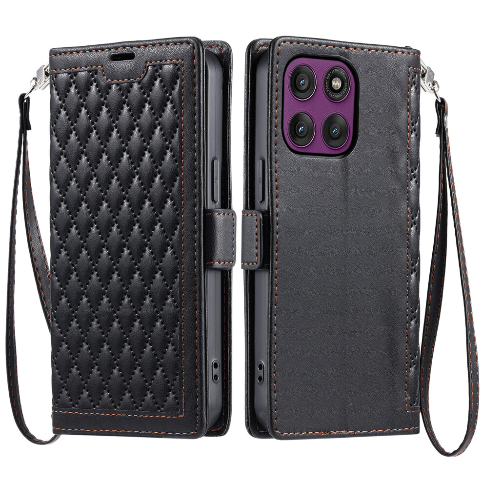 (Black) For Motorola Moto G67 Power 5G / G37 Power 5G Leather Case Rhombus Texture Wallet Stand Phone Cover With Wrist Strap Black 6914290619306