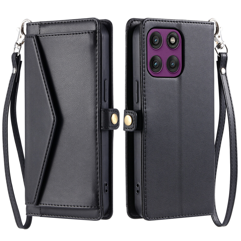 (Black) For Motorola Moto G67 Power 5G / G37 Power 5G Leather Case With Wrist Strap Wallet Stand Phone Cover Black 6914294239500