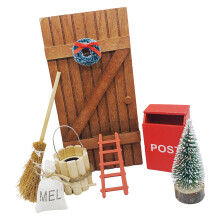 1/12 Doll House Accessories Wood Front Door Barrels Mailbox Festival Scene Display