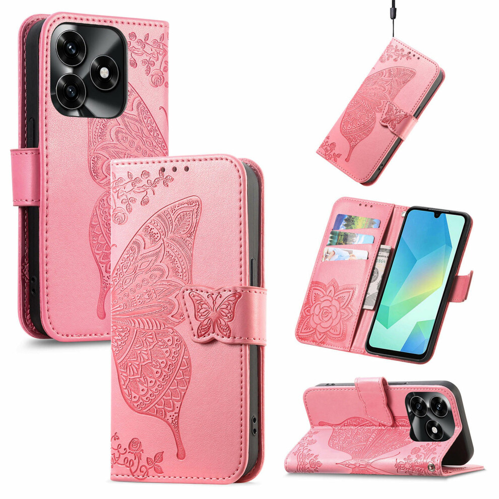 (Pink) For Honor X5c Plus 4G Case With Strap Butterfly Pattern Pu Leather Wallet Phone Cover Pink 6914293276537