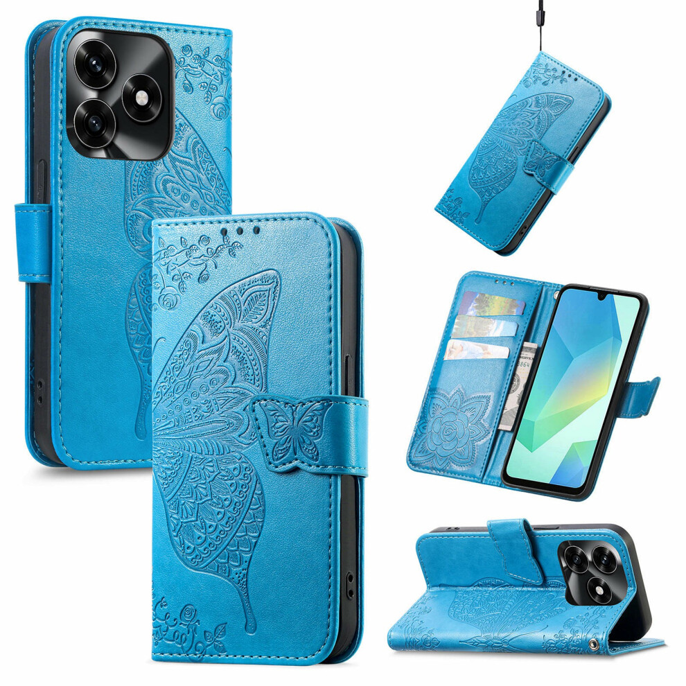 (Blue) For Honor X5c Plus 4G Case With Strap Butterfly Pattern Pu Leather Wallet Phone Cover Blue 6914293423313