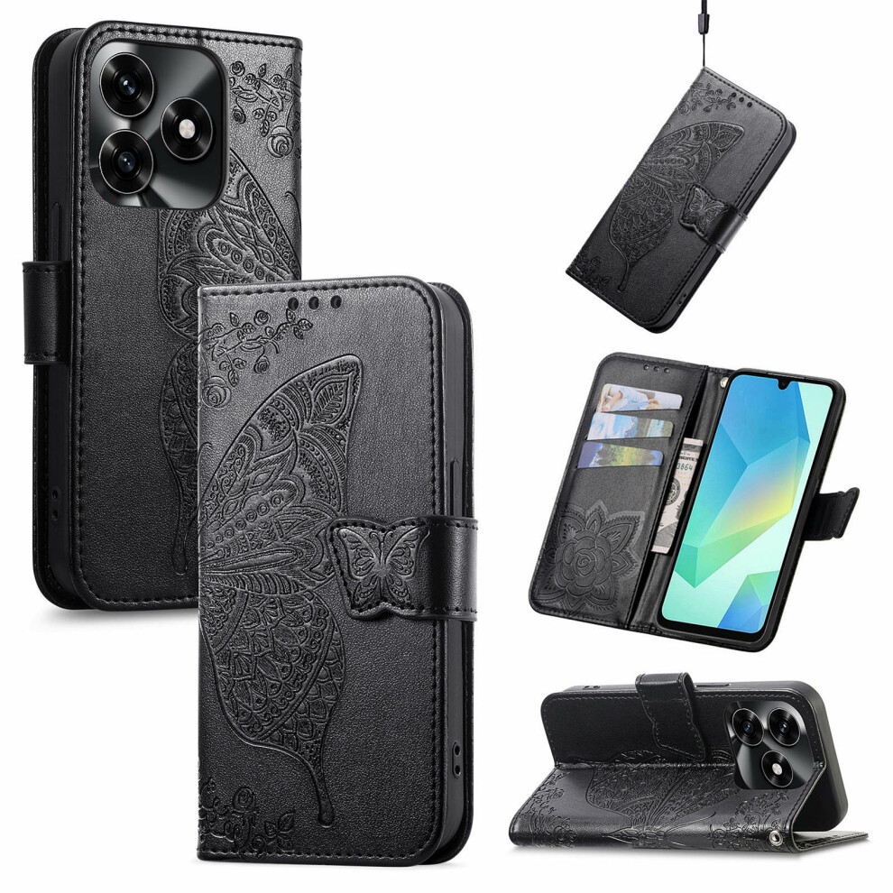 (Black) For Honor X5c Plus 4G Case With Strap Butterfly Pattern Pu Leather Wallet Phone Cover Black 6914291146177
