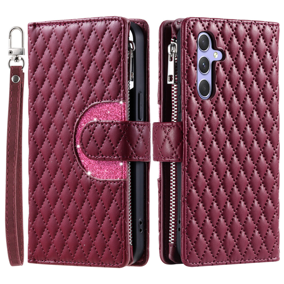 (Wine ) For Samsung Galaxy A27 Case Zipper Pocket Glitter Leather Phone Cover With Wrist Strap Red 6914297021508