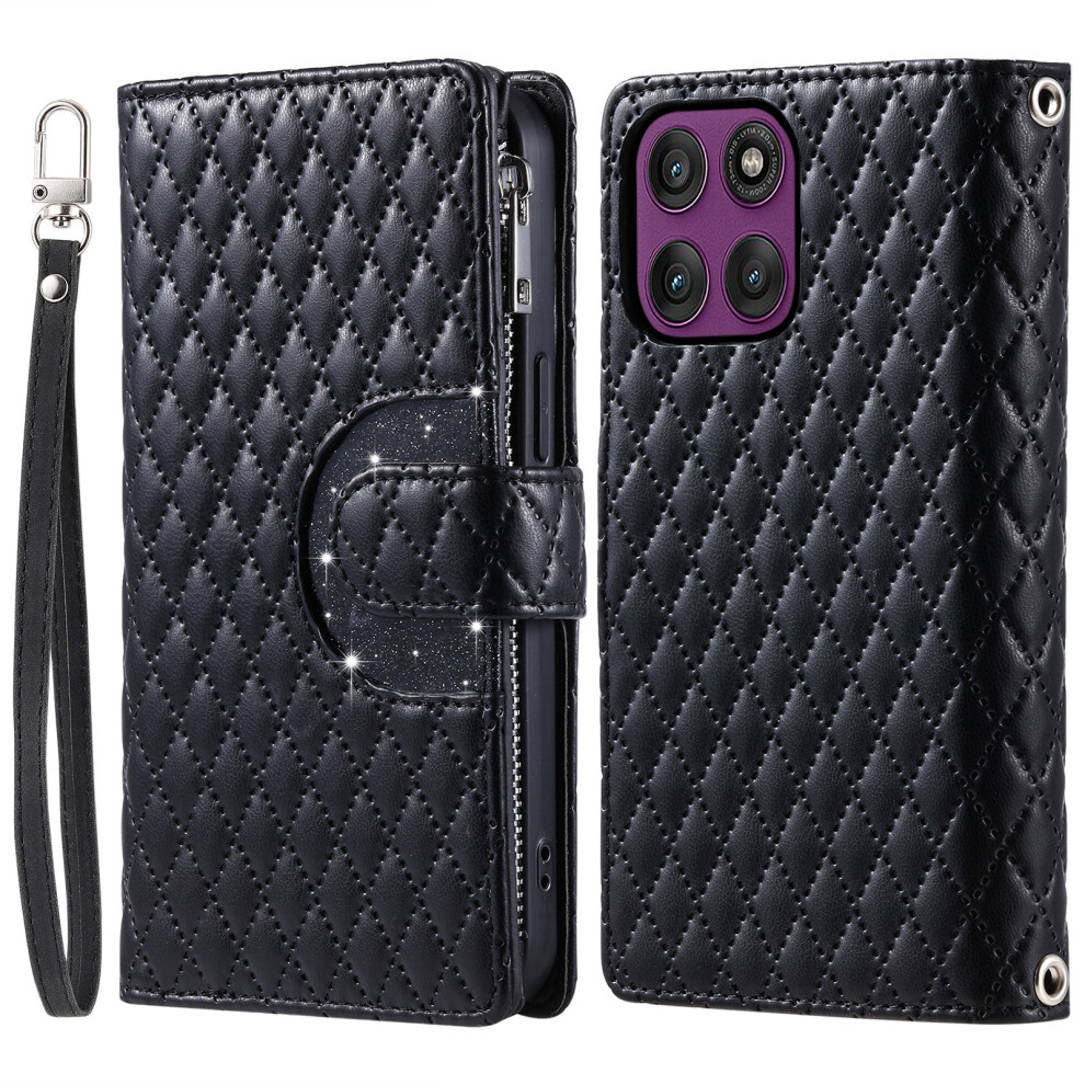 (Black) For Motorola Edge 70 5G Case Zipper Pocket Glitter Leather Phone Cover With Wrist Strap Black 6914296701692