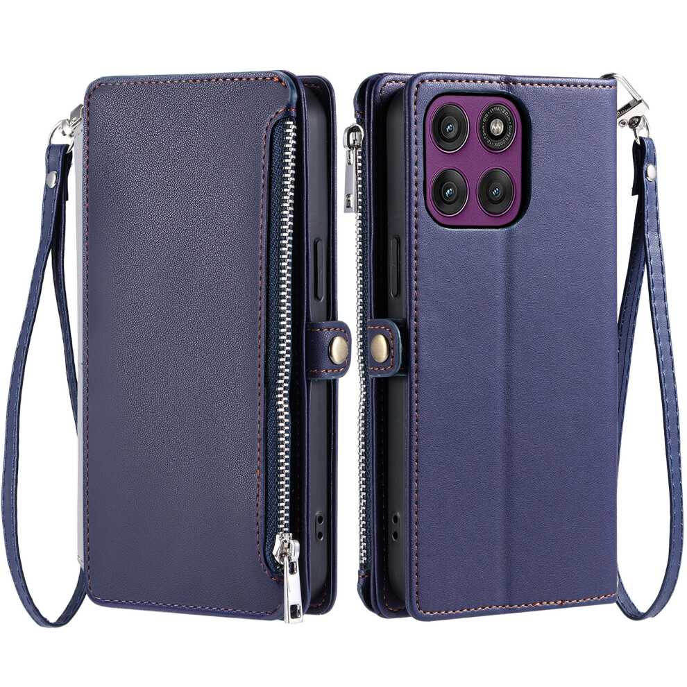 (Blue) For Motorola Edge 70 5G Case Tpu + Pu Leather Wallet Phone Cover With Wrist Strap Blue 6914291378769