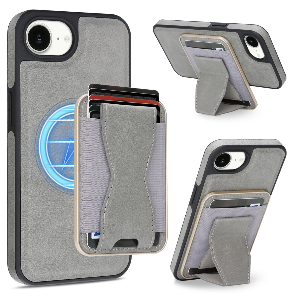 (Light ) For Iphone 17E / 16E Case Compatible With Magsafe Leather Back Phone Cover With Detachable Card Holder Kickstand Grey 6914293853301