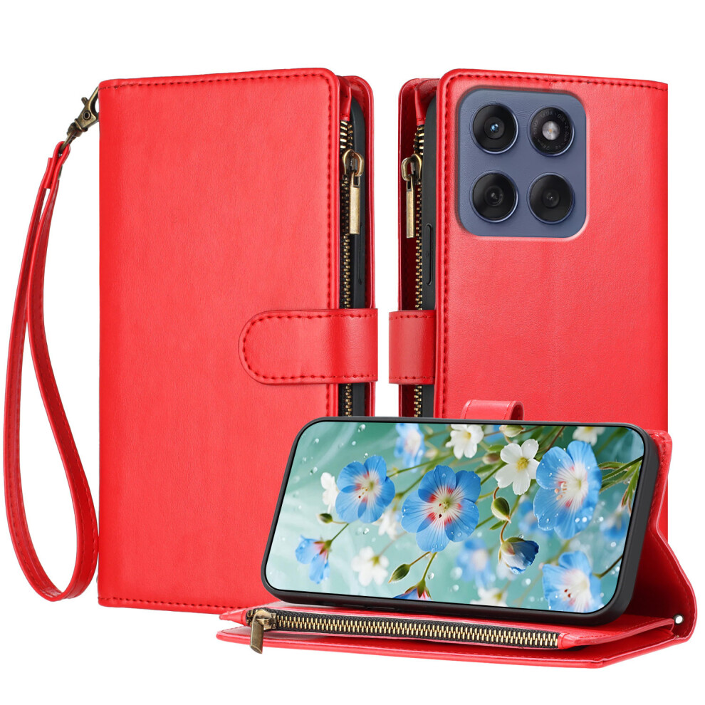 (Red) For Motorola Edge 70 5G Leather Case Zipper Wallet Stand Shockproof Phone Cover With Wrist Strap Red 6914292676543