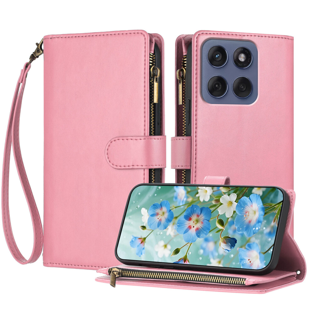(Pink) For Motorola Edge 70 5G Leather Case Zipper Wallet Stand Shockproof Phone Cover With Wrist Strap Pink 6914292768583