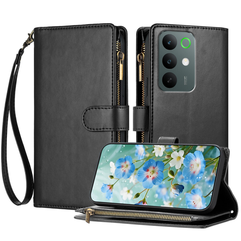 (Black) For Realme C85 Pro 4G Leather Case Zipper Wallet Stand Shockproof Phone Cover With Wrist Strap Black 6914298445327