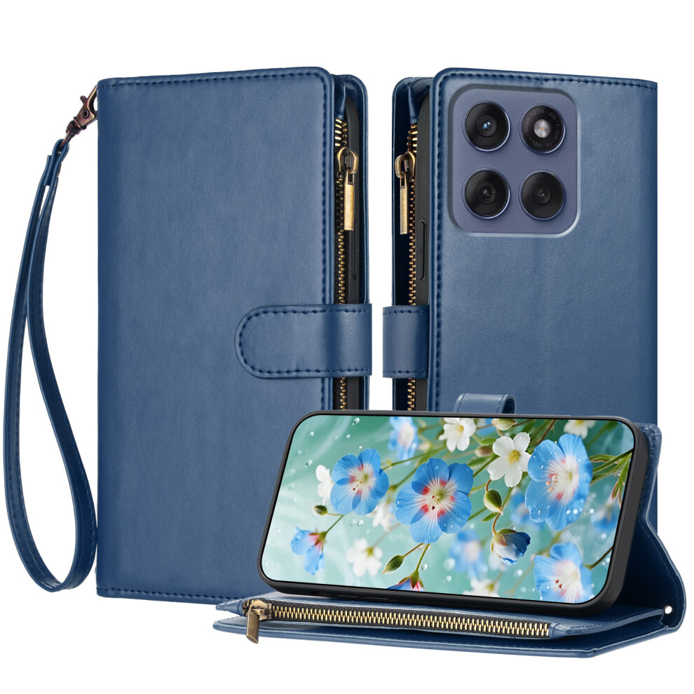 (Blue) For Motorola Edge 70 5G Leather Case Zipper Wallet Stand Shockproof Phone Cover With Wrist Strap Blue 6914292103513