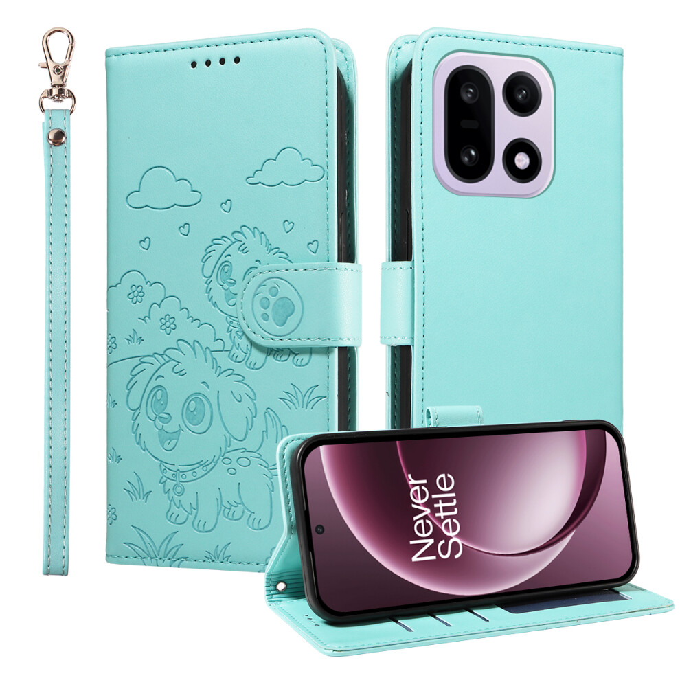 (Green) For Oneplus 15 5G Case Rfid Blocking Imprinted Dog Pattern Pu Leather Phone Cover With Wrist Strap Green 6914293489036