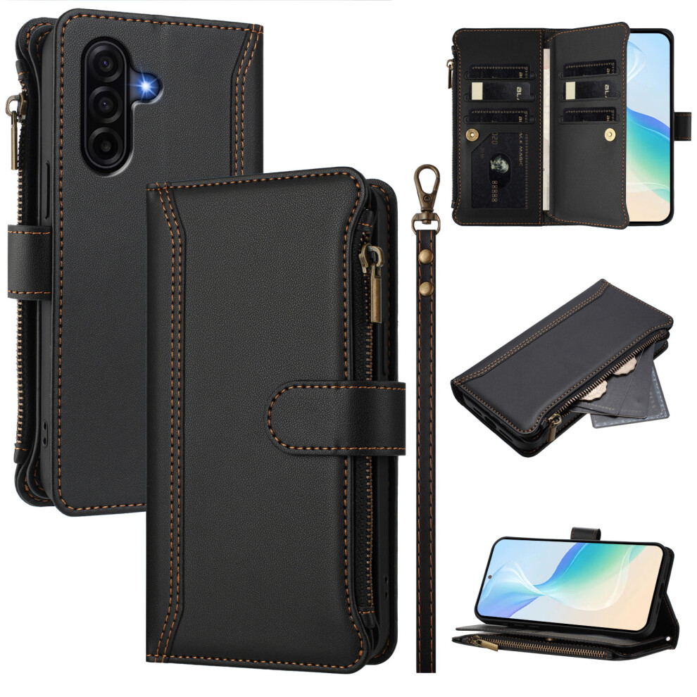 (Black) For Samsung Galaxy A37 5G Leather Case 9 Card Slots Zipper Wallet Stand Phone Cover With Wrist Strap Black 6914299796596