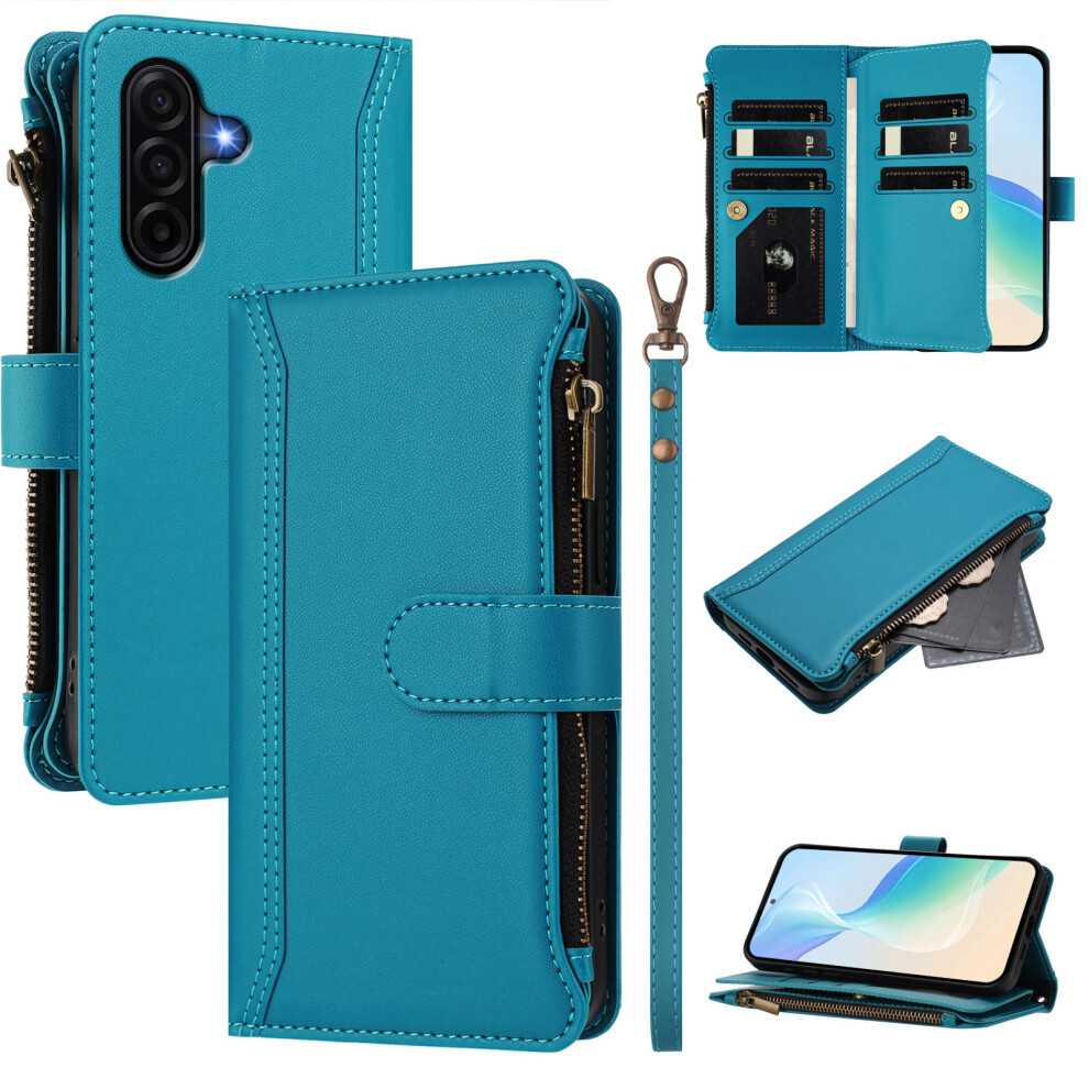 (Lake ) For Samsung Galaxy A37 5G Leather Case 9 Card Slots Zipper Wallet Stand Phone Cover With Wrist Strap Blue 6914297780153