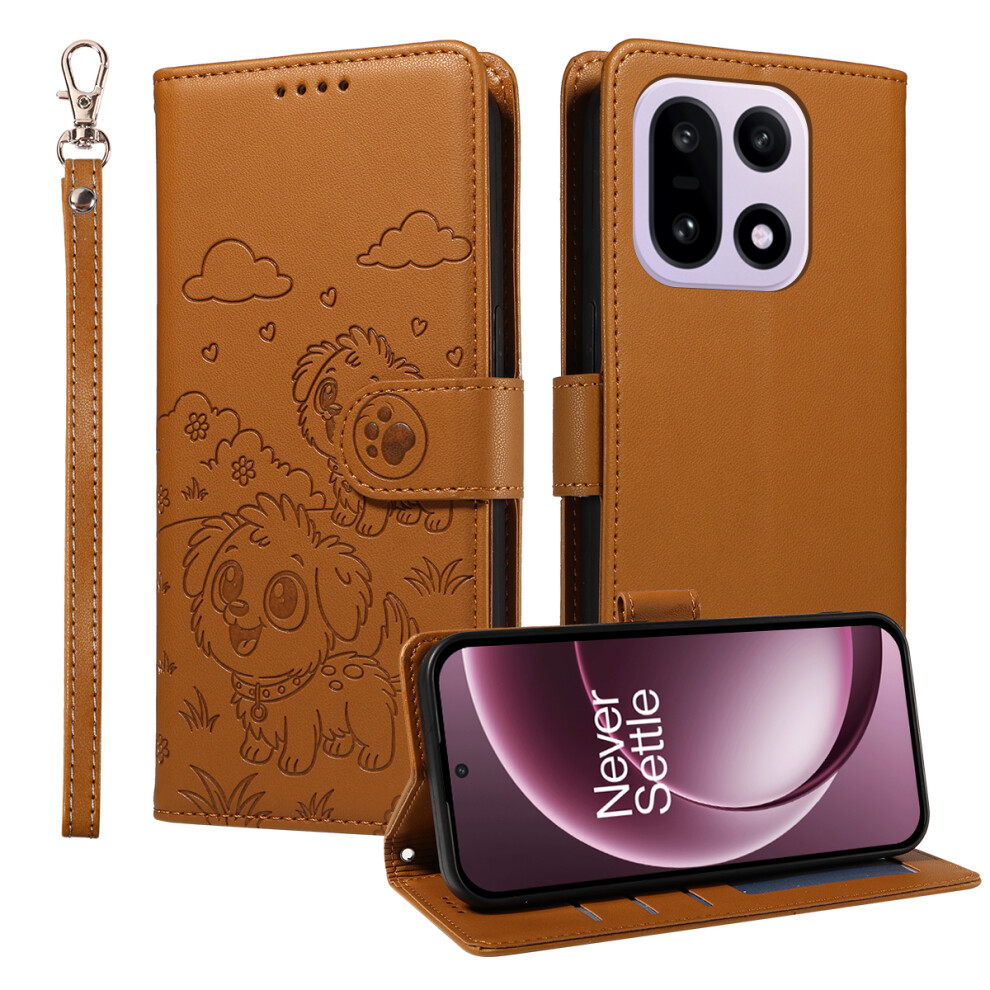 (Brown) For Oneplus 15 5G Case Rfid Blocking Imprinted Dog Pattern Pu Leather Phone Cover With Wrist Strap Brown 6914299134176