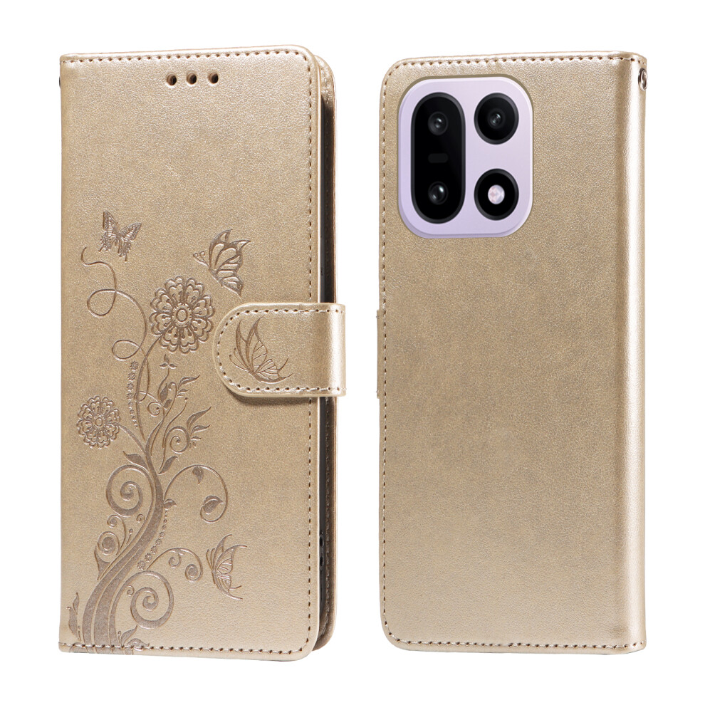 (Golden) For Oneplus 15 5G Leather Case Butterfly Floral Imprint Wallet Stand Cover Golden 6914295094108
