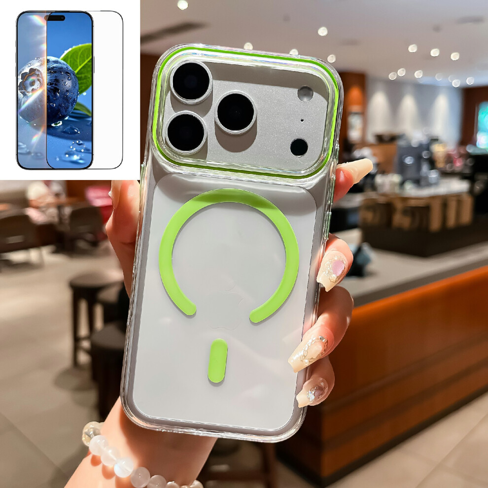 (Fluorescent ) For Iphone 17 Pro Max Crystal Clear Case Compatible With Magsafe Hard Pc Phone Cover With Tempered Glass Film Green 6914296489934