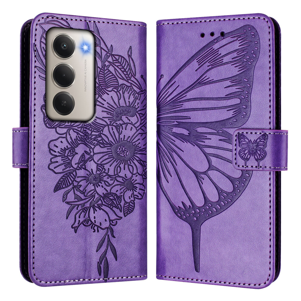 (Purple) For Xiaomi Redmi 15 5G (Global) (169Mm) Wallet Case With Wrist Strap Butterfly Imprint Leather Phone Cover Purple 6914292326363