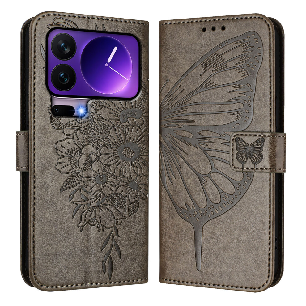 (Grey) For Xiaomi 17 Pro Wallet Case With Wrist Strap Butterfly Imprint Leather Phone Cover Grey 6914299893646