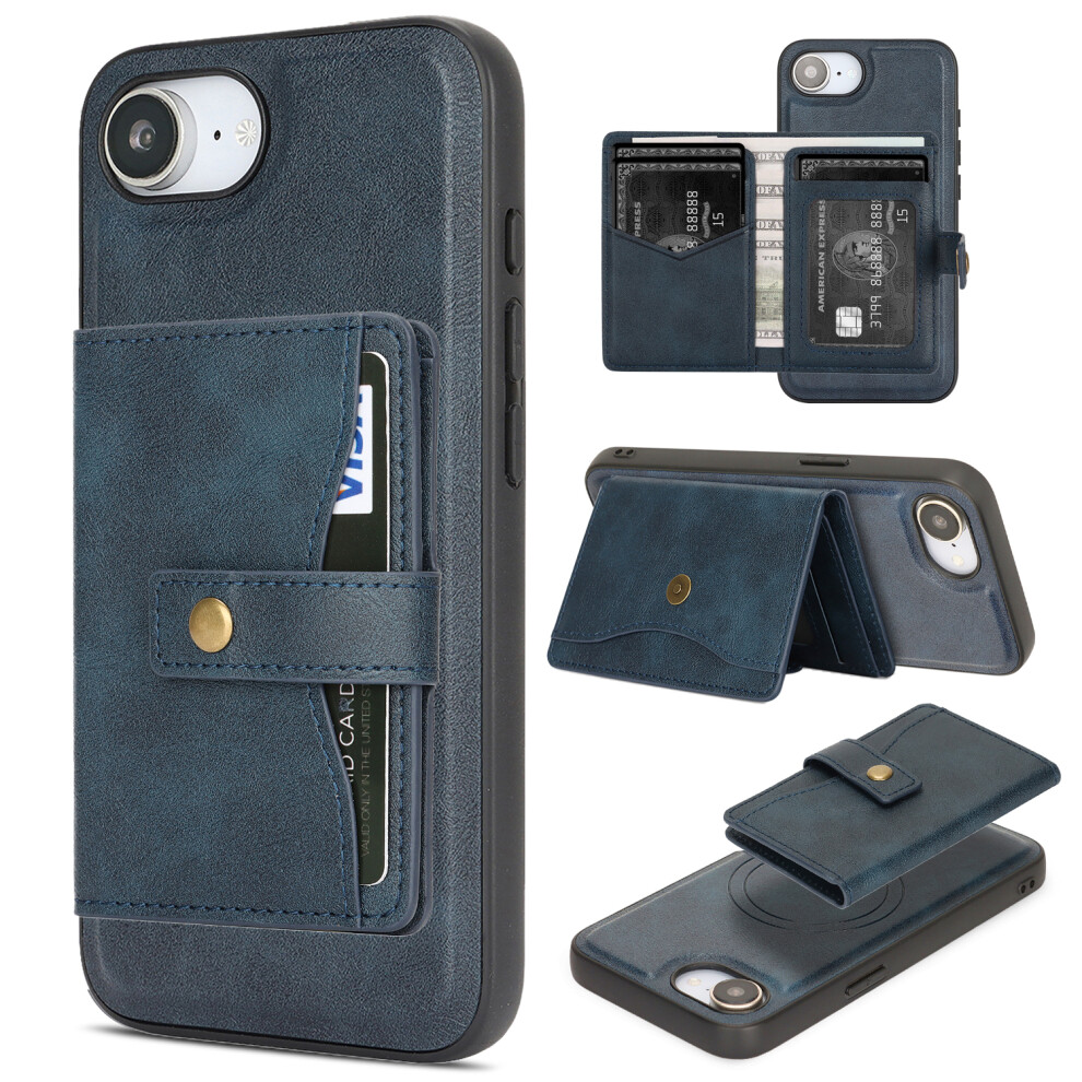 (Blue) For Iphone 17E / 16E Kickstand Case Detachable Card Bag Compatible With Magsafe Pu Leather Coated Tpu Phone Cover Blue 6914292084027
