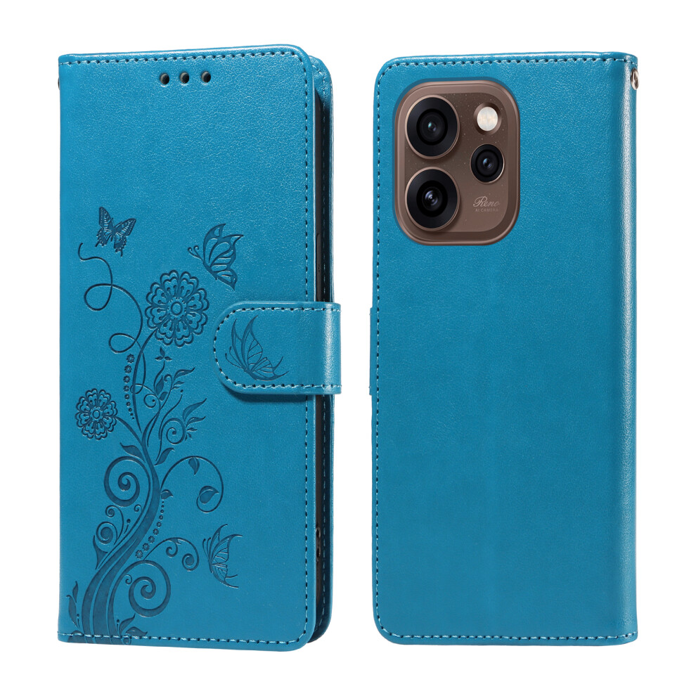 (Blue) For Oppo Reno15 Pro 5G (Global) / Reno15 5G (China) Leather Case Butterfly Floral Imprint Wallet Stand Cover Blue 6914299031215